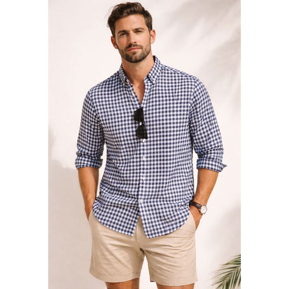 Cotton & Co Men’s XXL Navy White Check Button Down Shirt Long Sleeve Cotton NWT